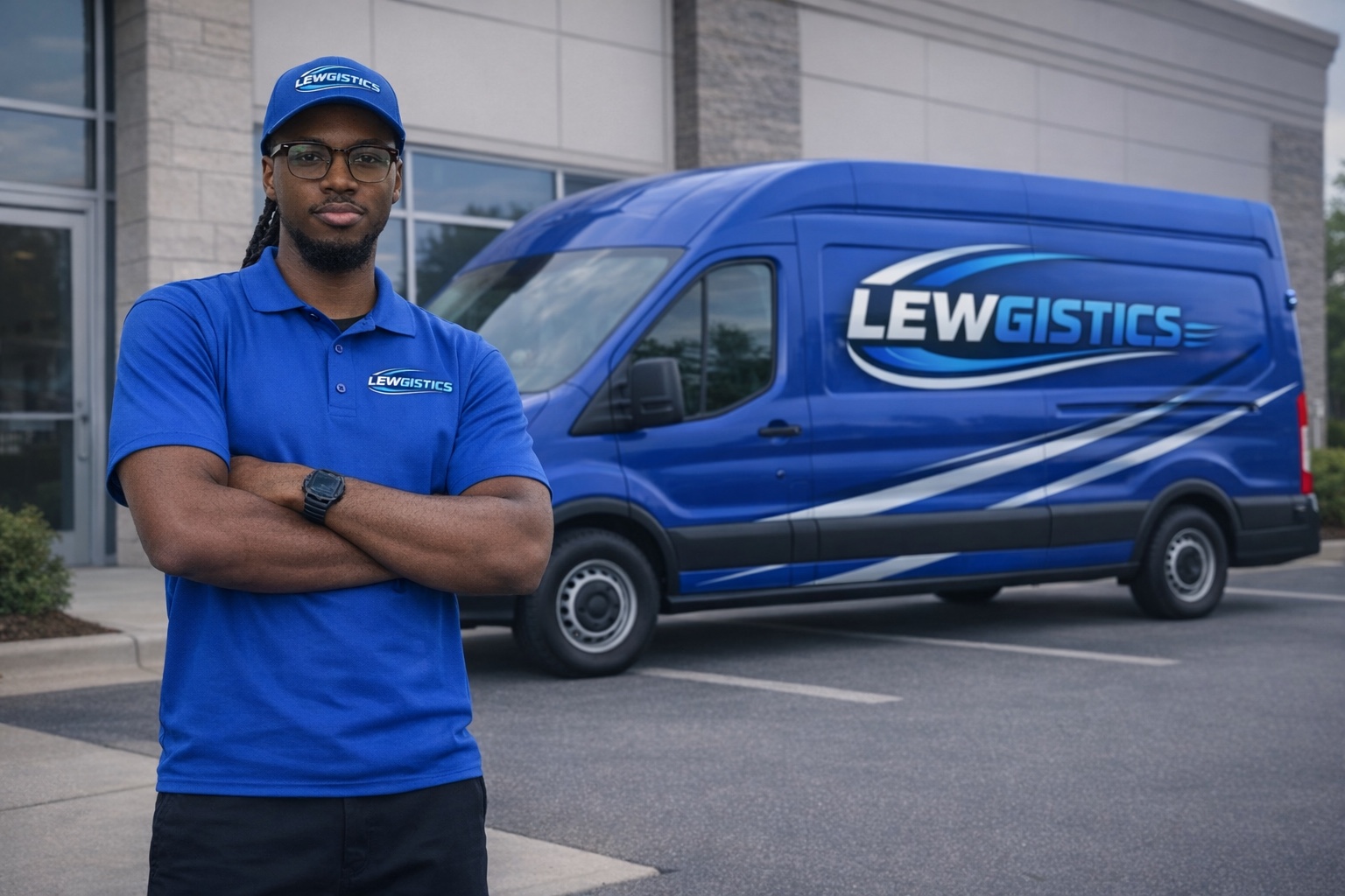 Christian Lewis, owner of Lewgistics, standing beside a Lewgistics cargo van